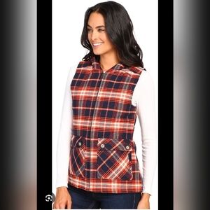 Kavu Women’s Campout Insulated Hooded Orange Navy Plaid Vest Size XS Outdoor